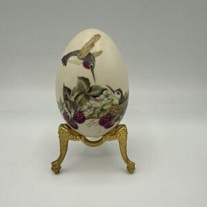 Eggzakly Porcelain Egg Handpainted Hummingbird Raspberry Nest Brass Holder USA